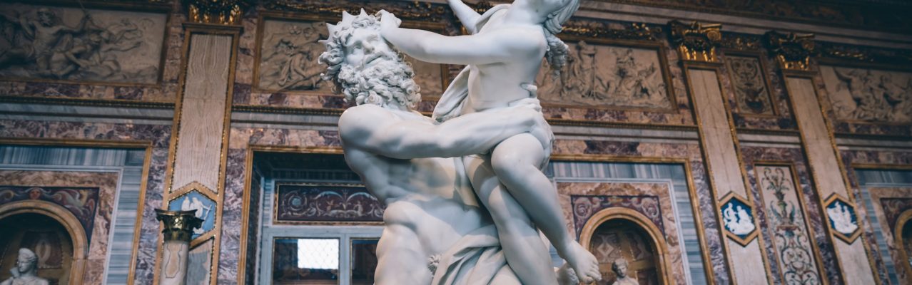 Rome, Italy - June 22, 2018: Baroque marble sculpture Rape of Proserpine by Bernini 1621 in Galleria Borghese of Villa Borghese